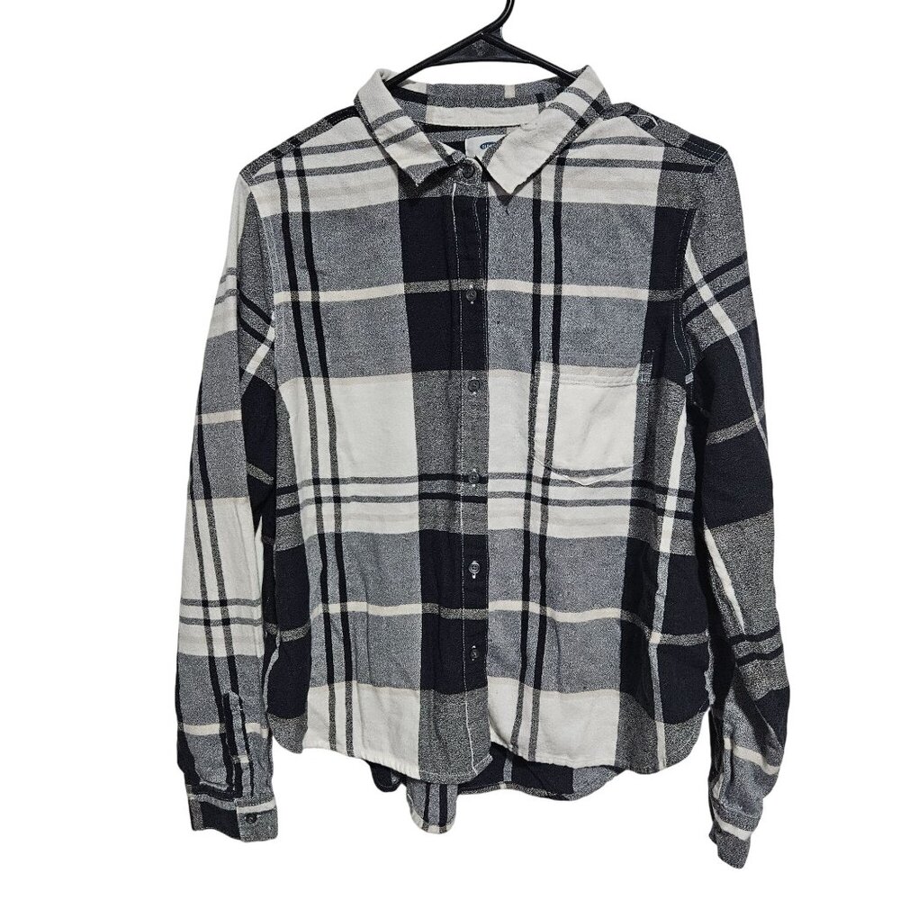 Old Navy Black White Plaid Button-Up Shirt Womens Size L Long Sleeve Soft Cotton